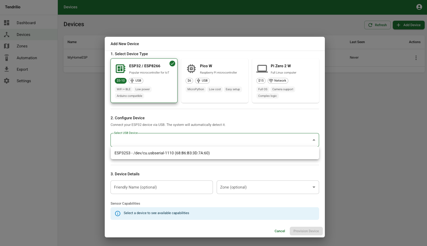 Tendrilio Add Device Screen